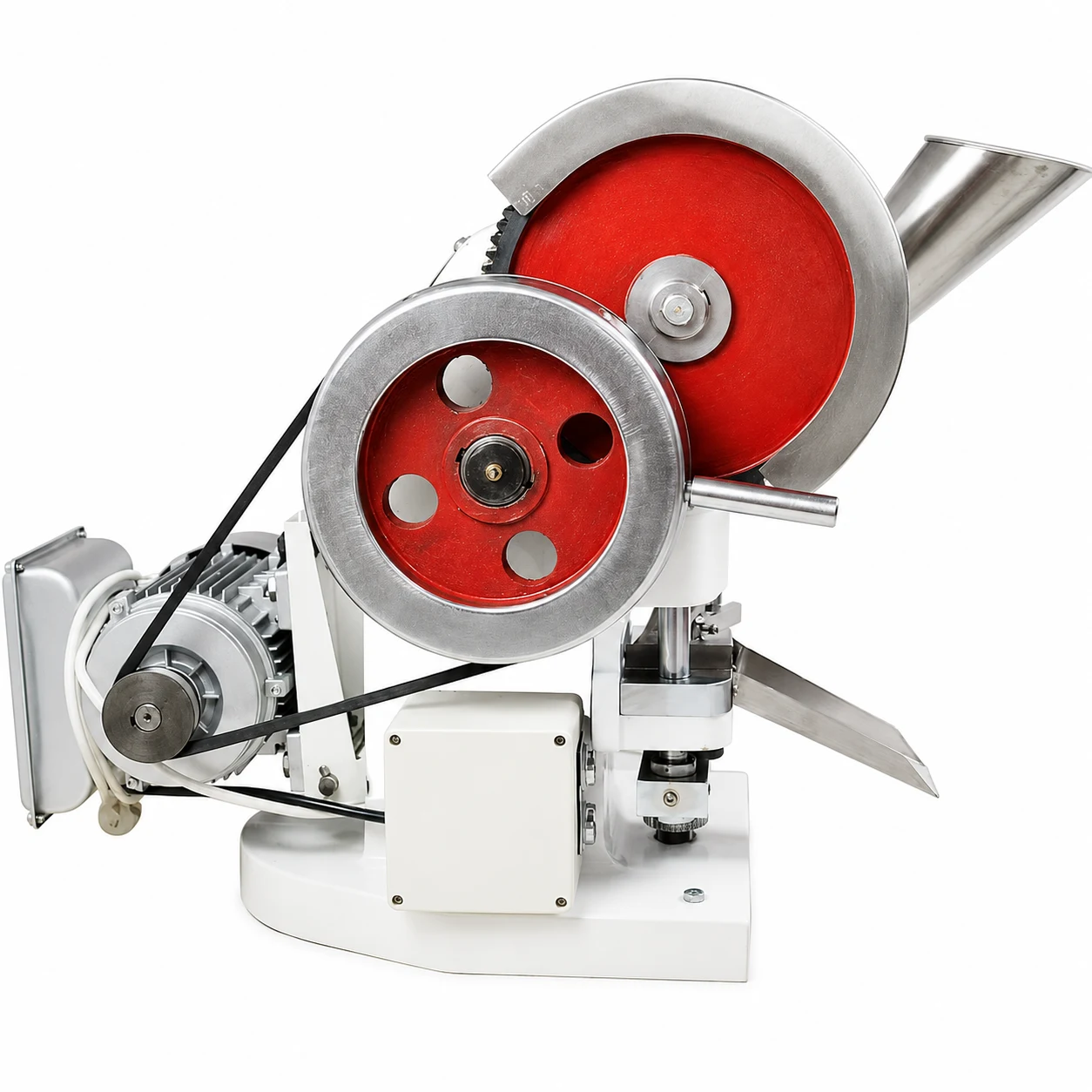 TDP-5 tablet press, left side view showing drive belt and motor