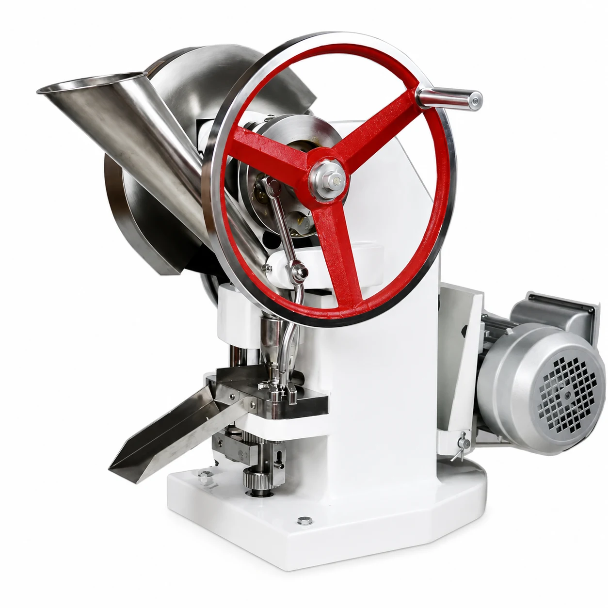 TDP-5 tablet press, right side view with red flywheel and hopper